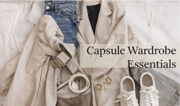 capsule wardrobe essentials flatlay 2026 beige blazer jeans sneakers minimalist fashion