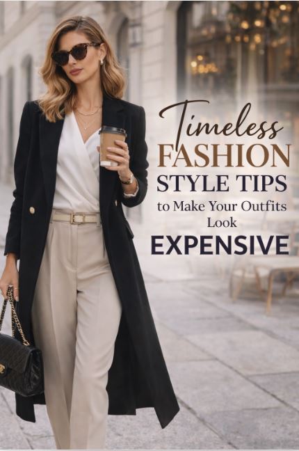 timeless fashion style elegant woman black coat beige trousers luxury outfit expensive look street style