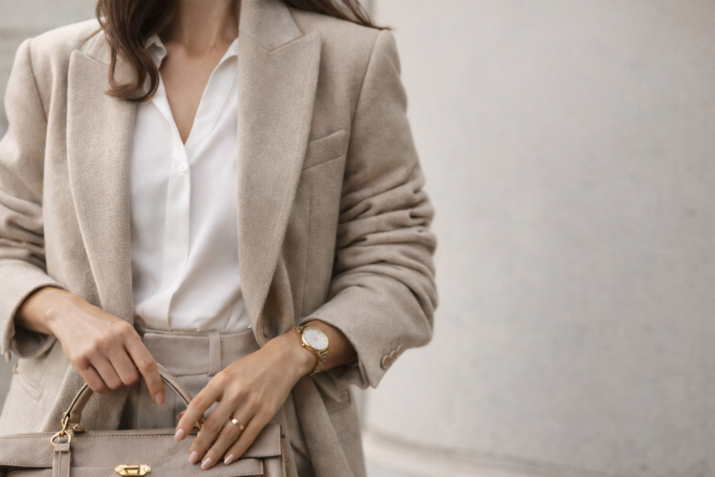 quiet luxury outfit tailored blazer neutral tones elegant minimal style woman 2026