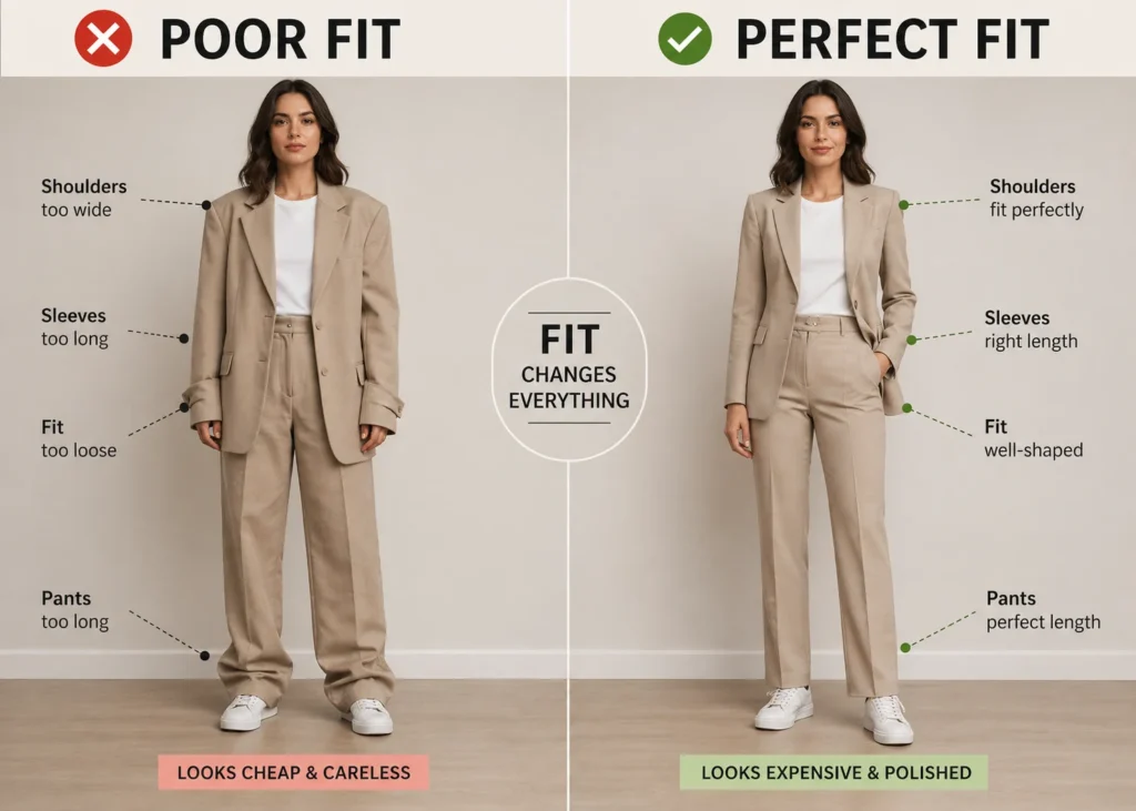 poor fit vs perfect fit clothing comparison outfit silhouette difference women style