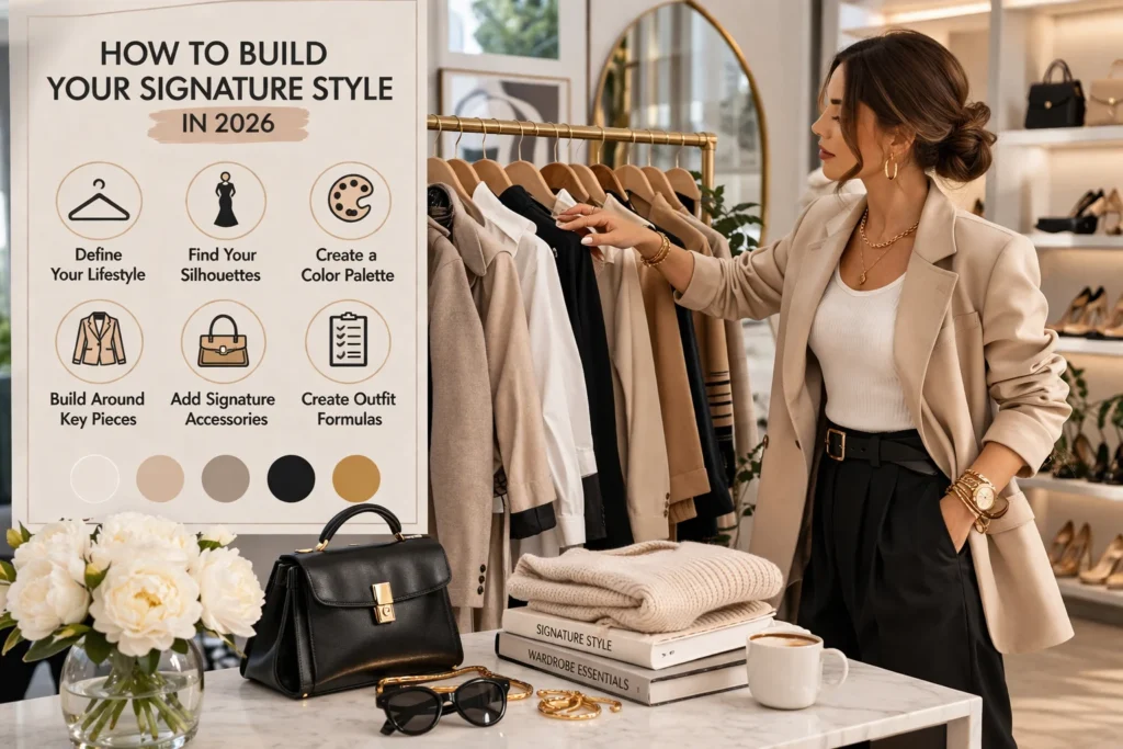 woman wardrobe choosing outfits defining silhouettes signature style 2026