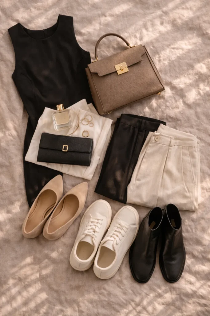 wardrobe accessories essentials handbag shoes jewelry elegant style minimal 2026