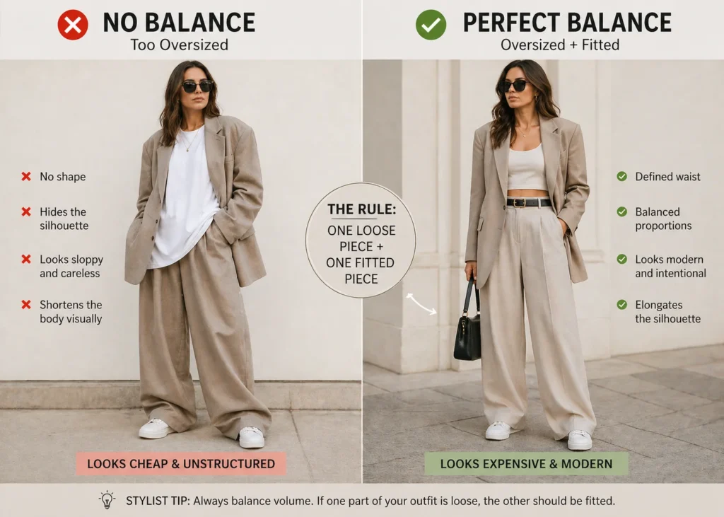 oversized outfit balance wide trousers fitted top modern style comparison women fashion