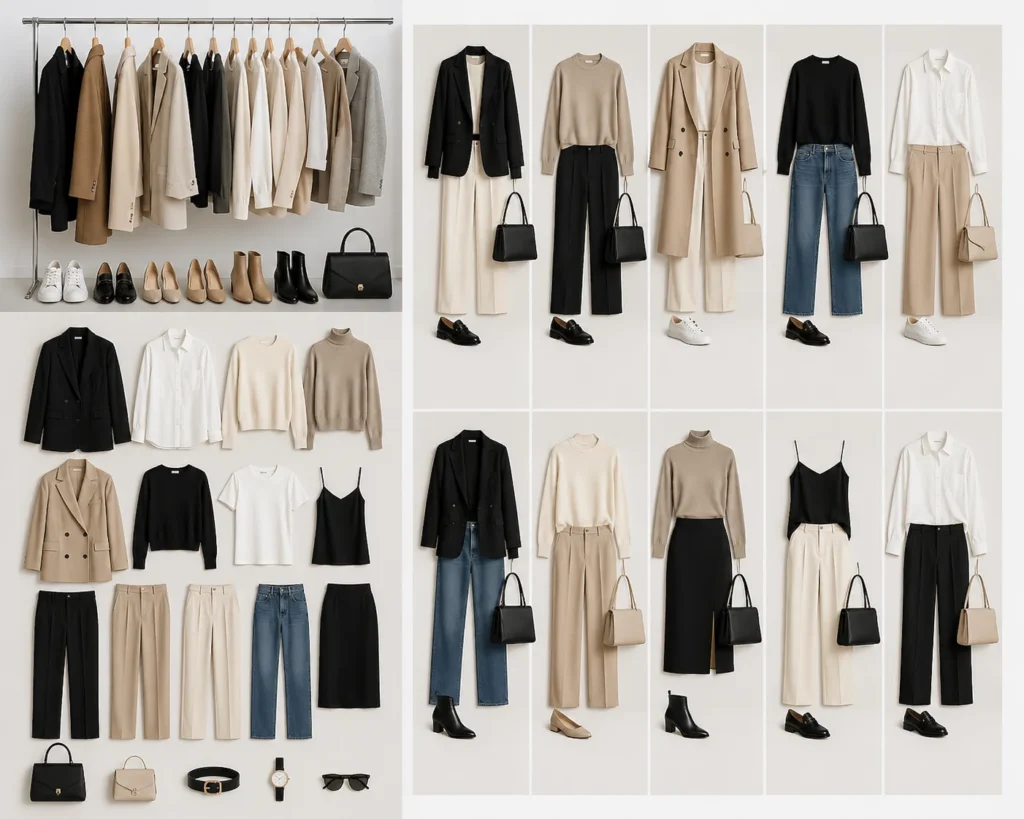 capsule wardrobe neutral outfits minimalist fashion elegant style combinations women