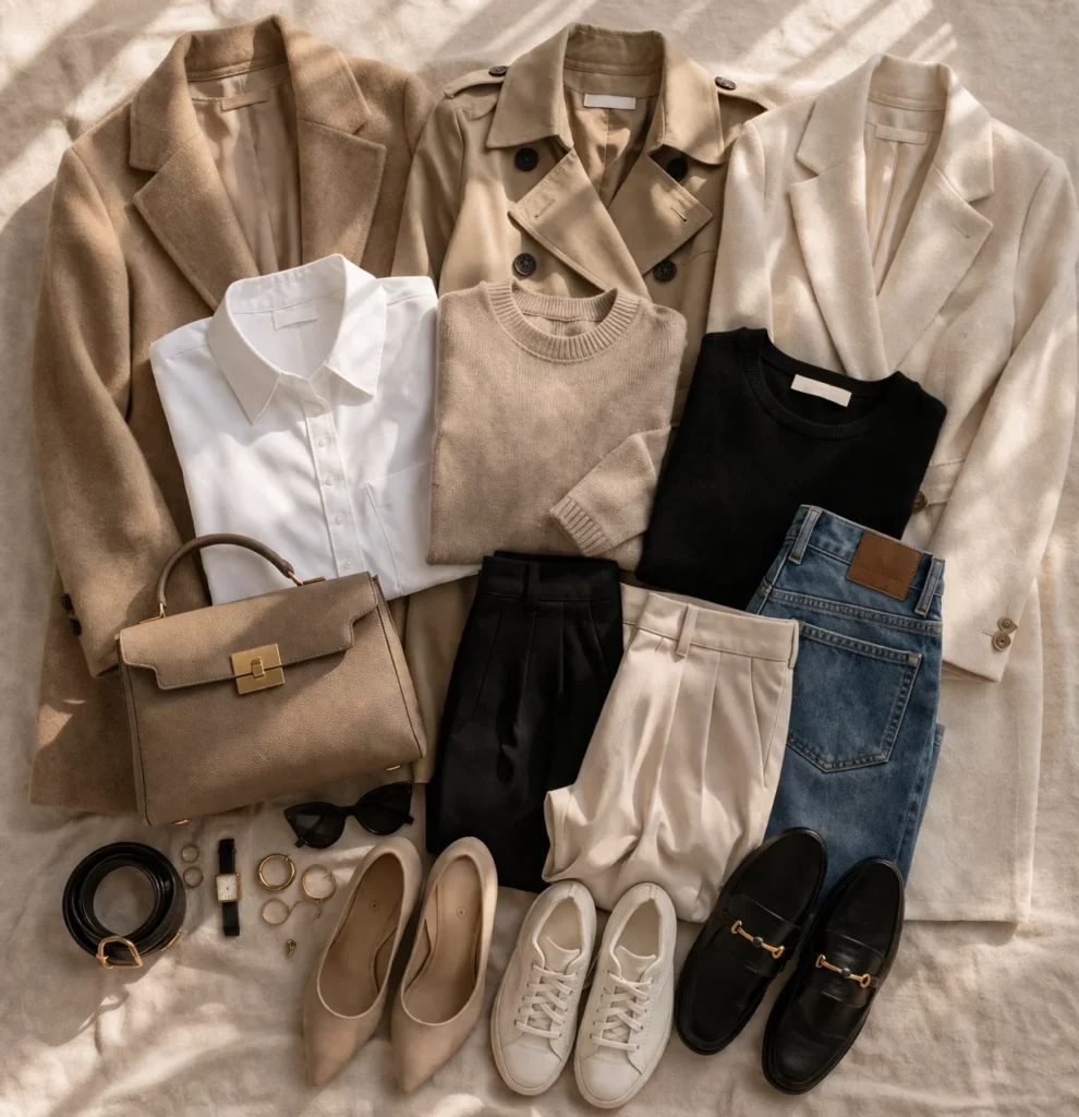 capsule wardrobe essentials tops trousers jeans neutral outfit basics 2026