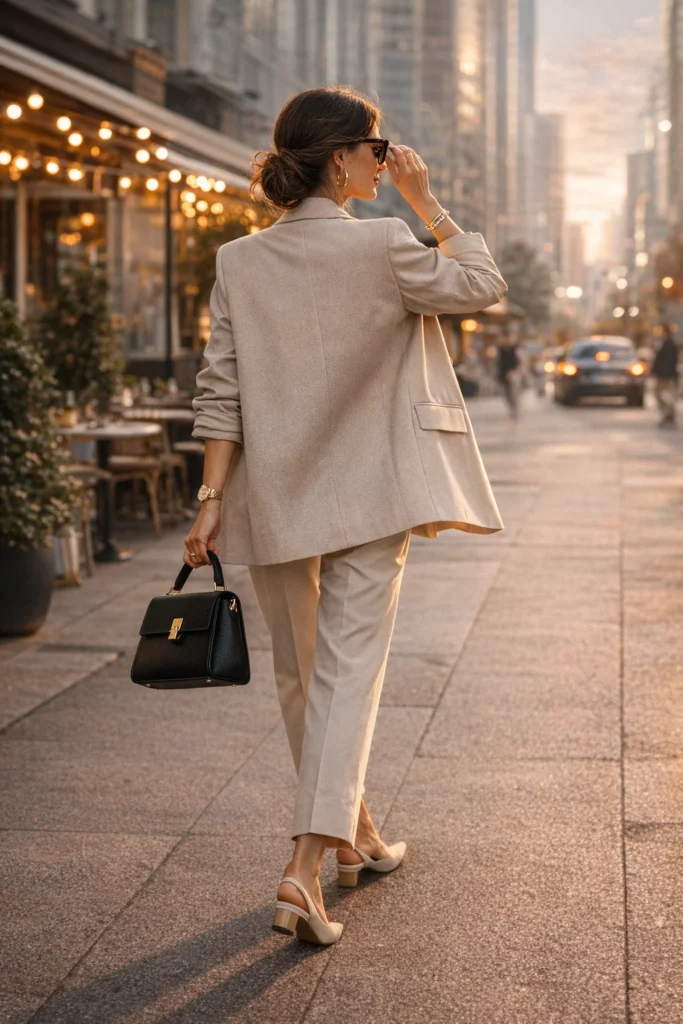 elegant woman neutral outfit signature style confident fashion 2026