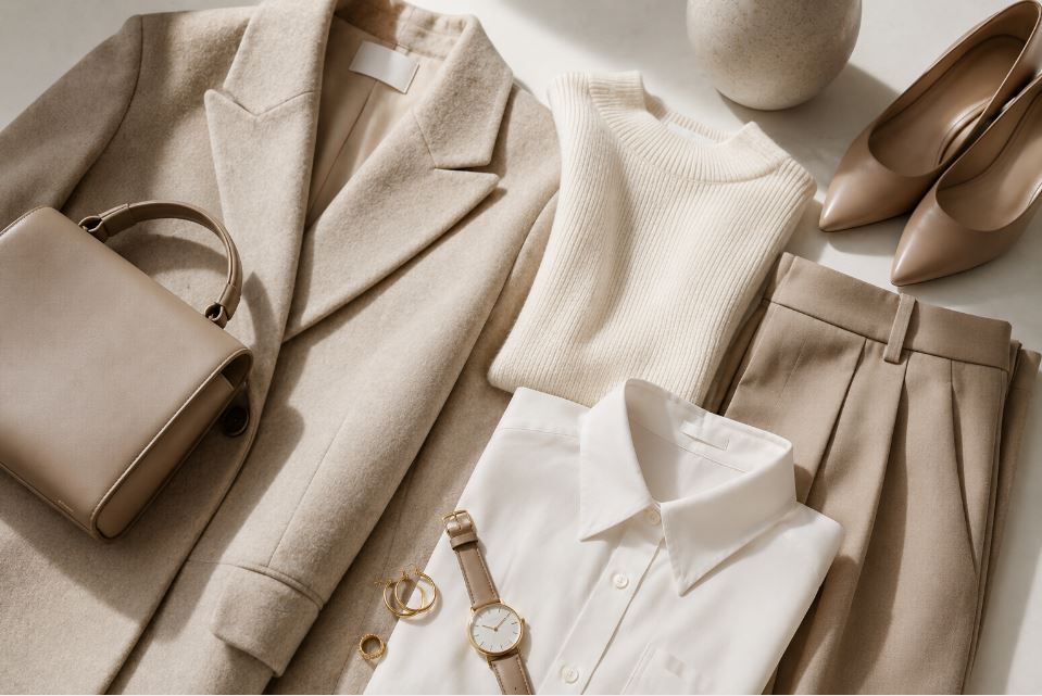 Minimalist fashion flat lay with elegant neutral clothing textures and luxury accessories