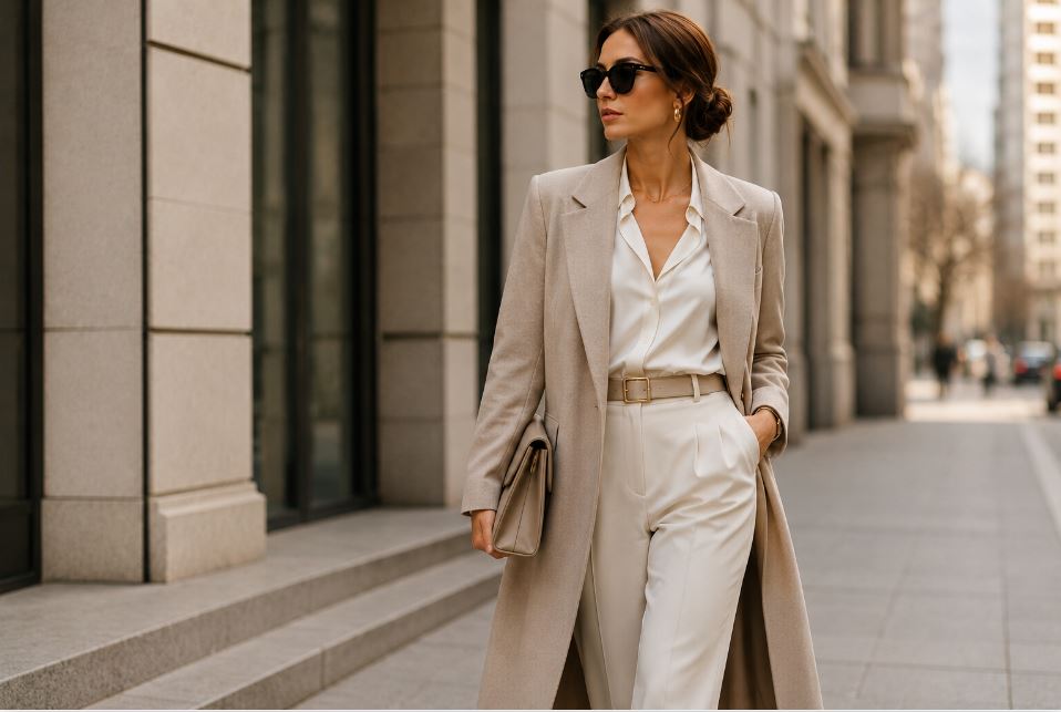 Woman wearing timeless elegant neutral fashion in a modern city environment