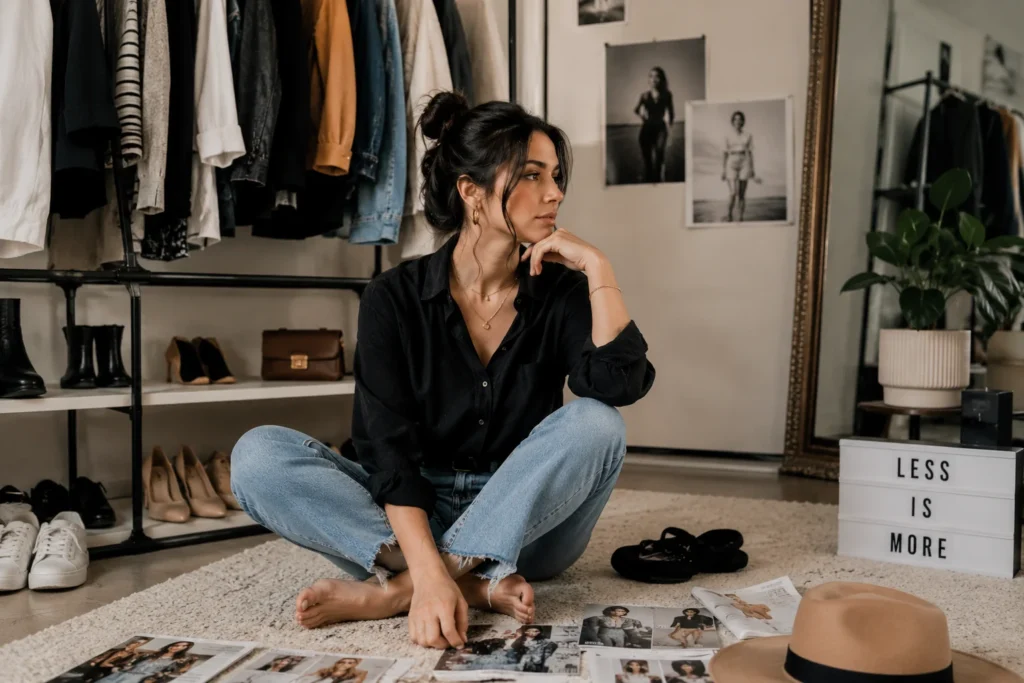 Woman reflecting on her personal style while organizing her wardrobe