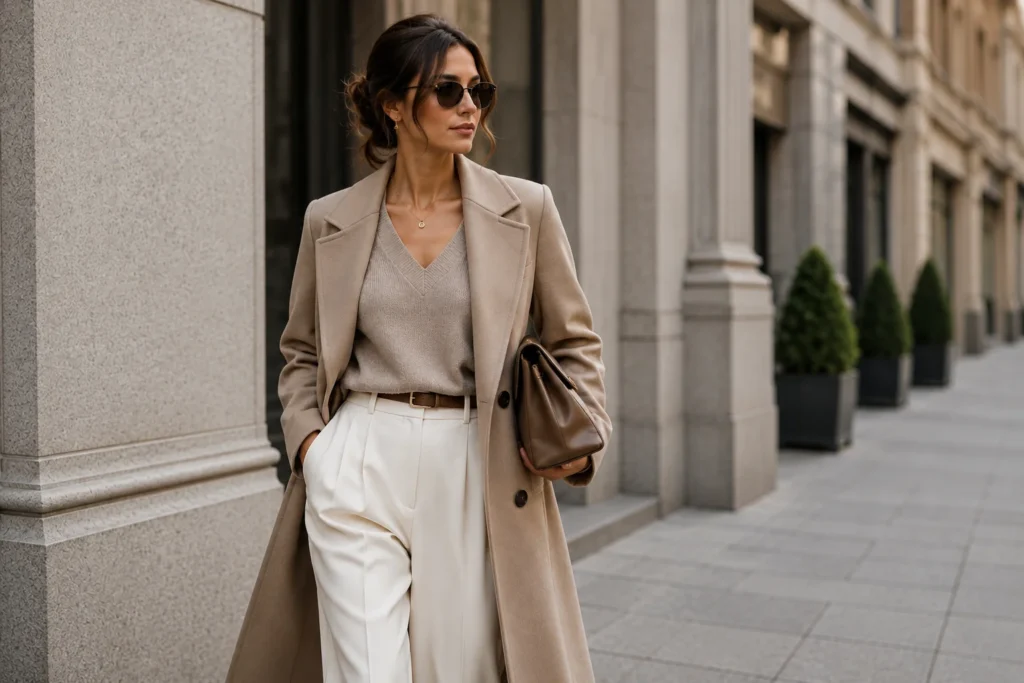 Sophisticated woman wearing neutral quiet luxury fashion in 2026