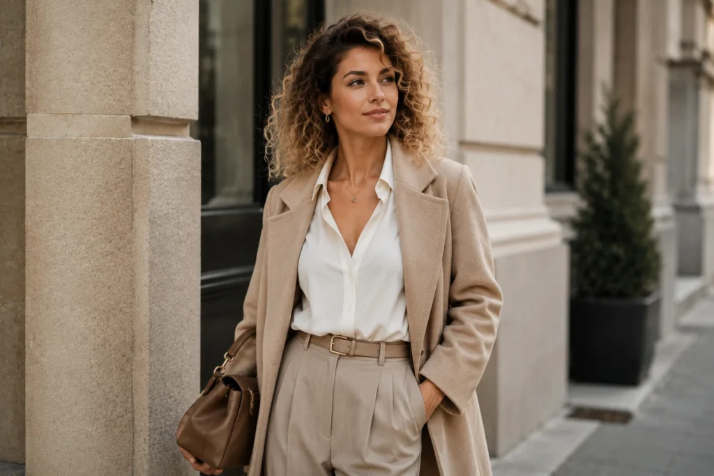 Curly-haired elegant woman wearing timeless neutral fashion in 2026