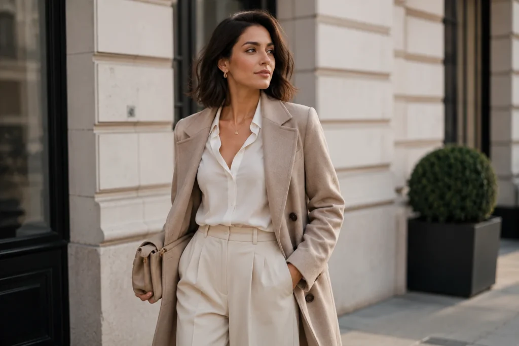 Elegant woman in timeless neutral fashion style in 2026