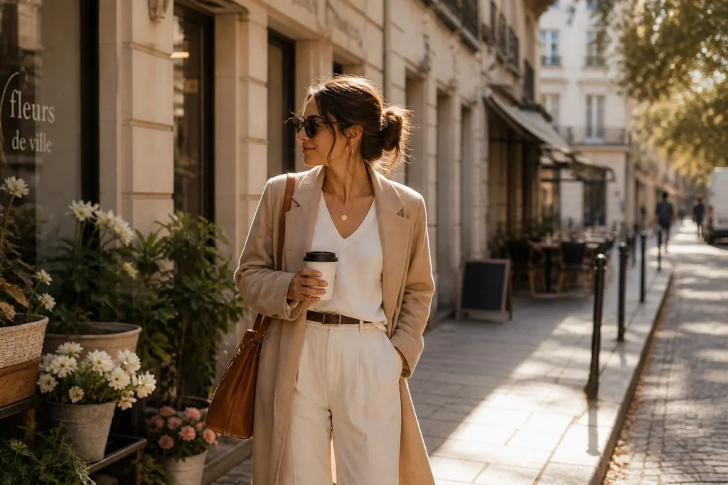 stylish woman walking in city street with coffee elegant casual outfit modern lifestyle 2026