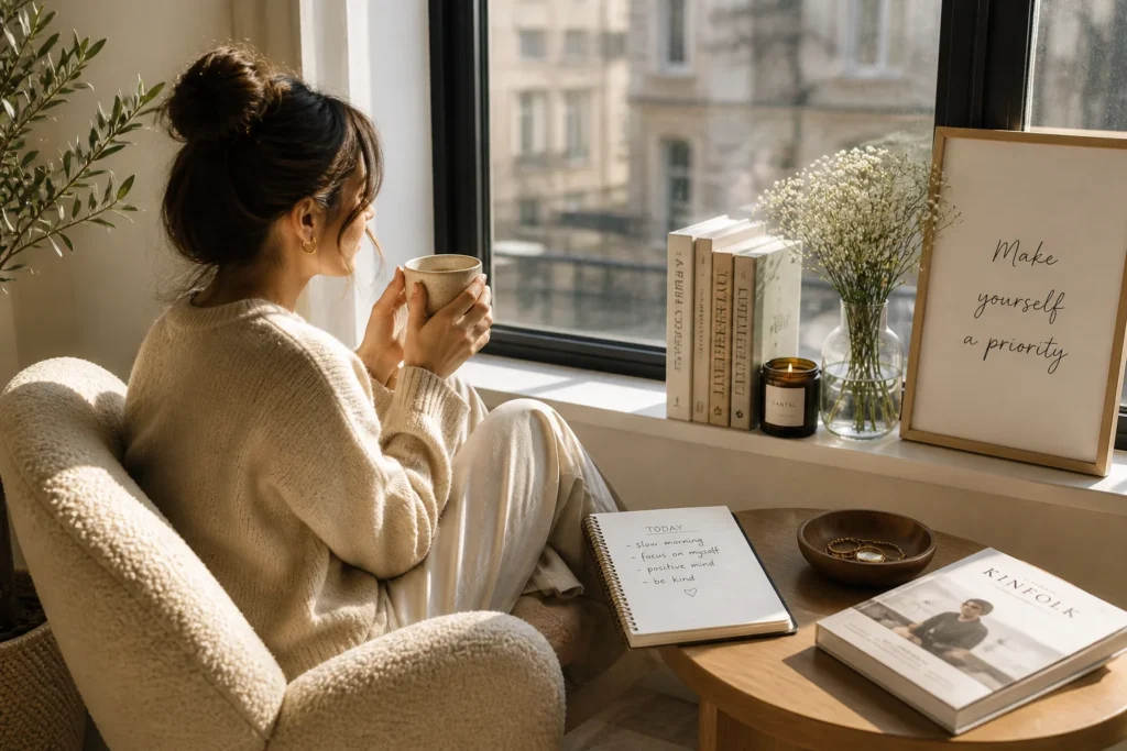 calm woman sitting by window with coffee cozy home lifestyle peaceful morning routine 2026