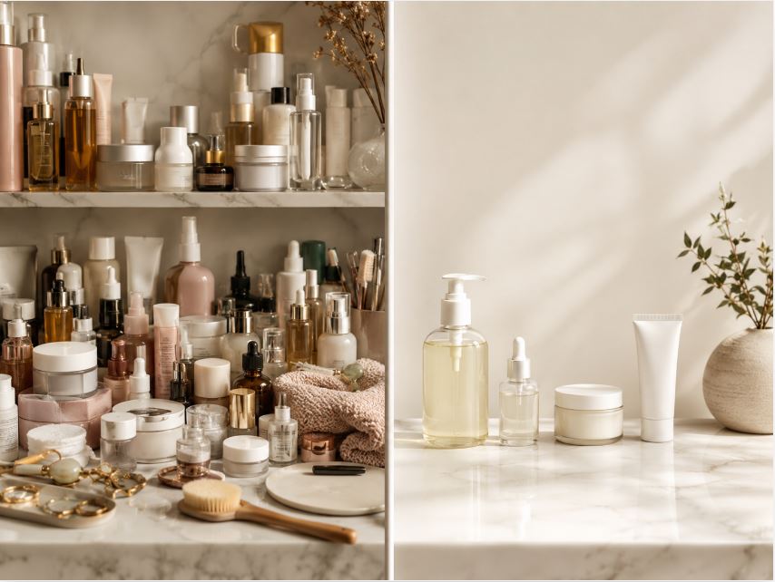 A comparison of a cluttered skincare shelf and a simplified minimal skincare routine with only a few essential products