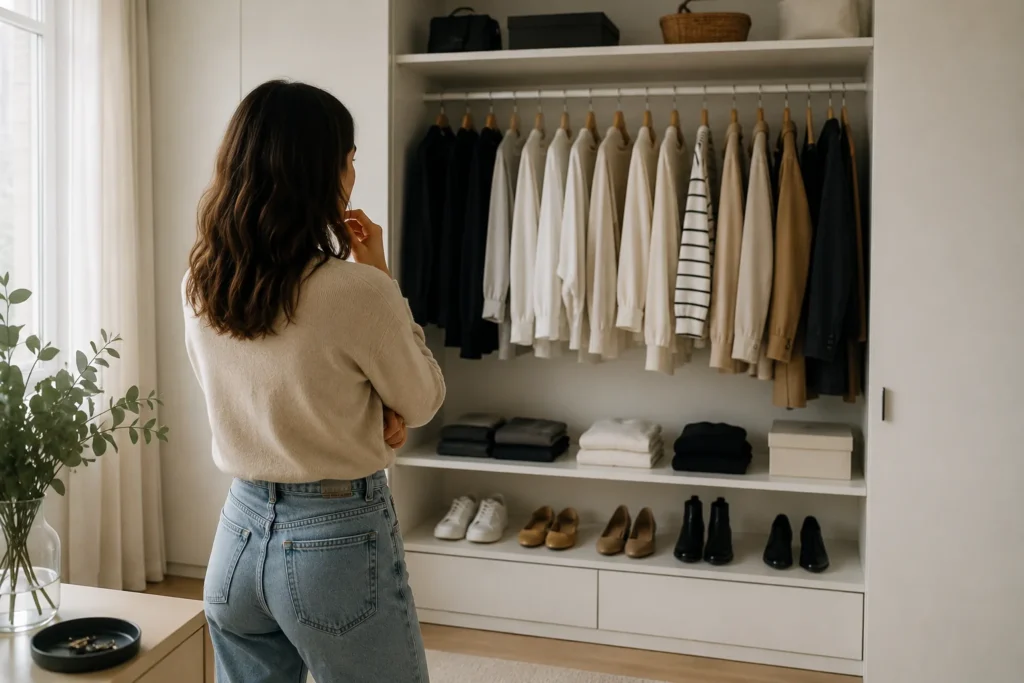 Woman standing in front of a minimalist wardrobe while rethinking shopping habits and personal style