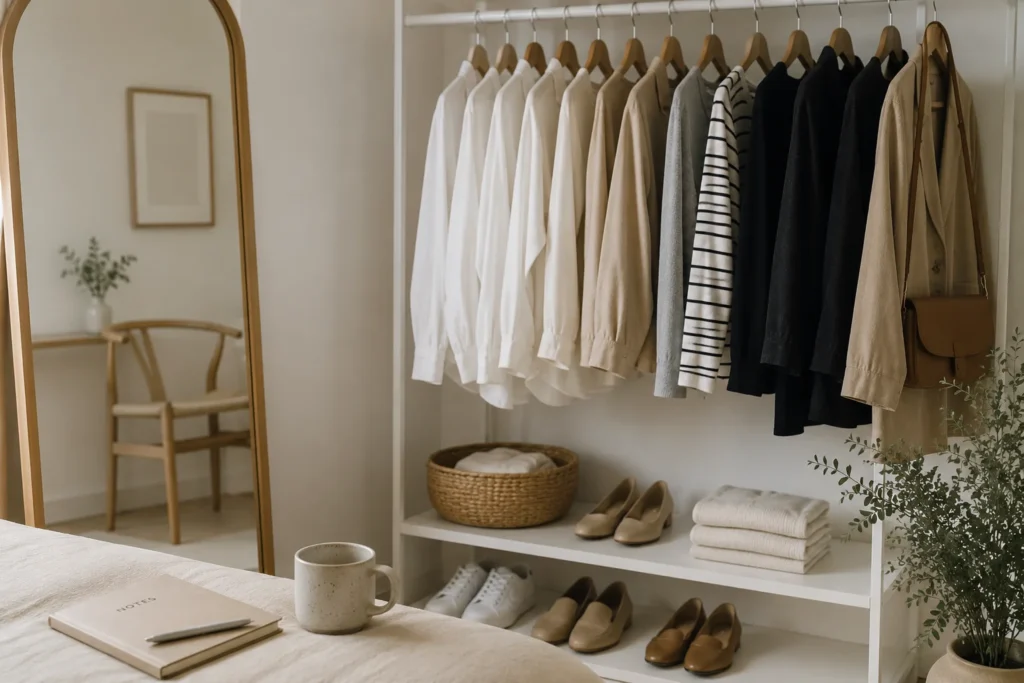 Minimal wardrobe lifestyle concept with organized clothing and sustainable fashion choices
