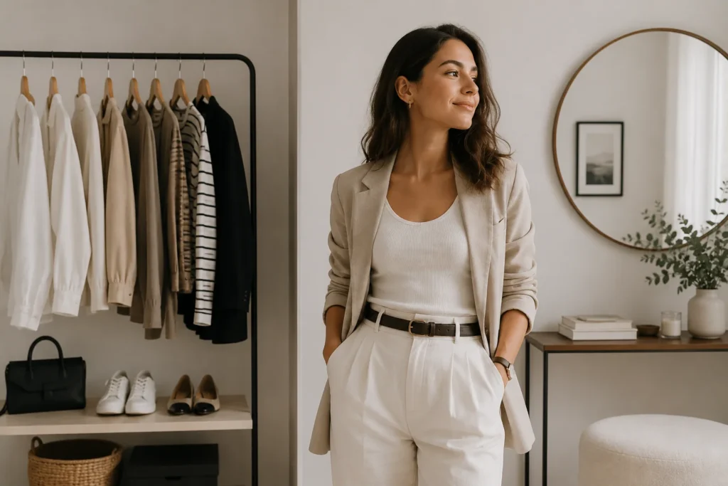 Confident woman embracing minimalist fashion lifestyle with timeless and sustainable wardrobe choices