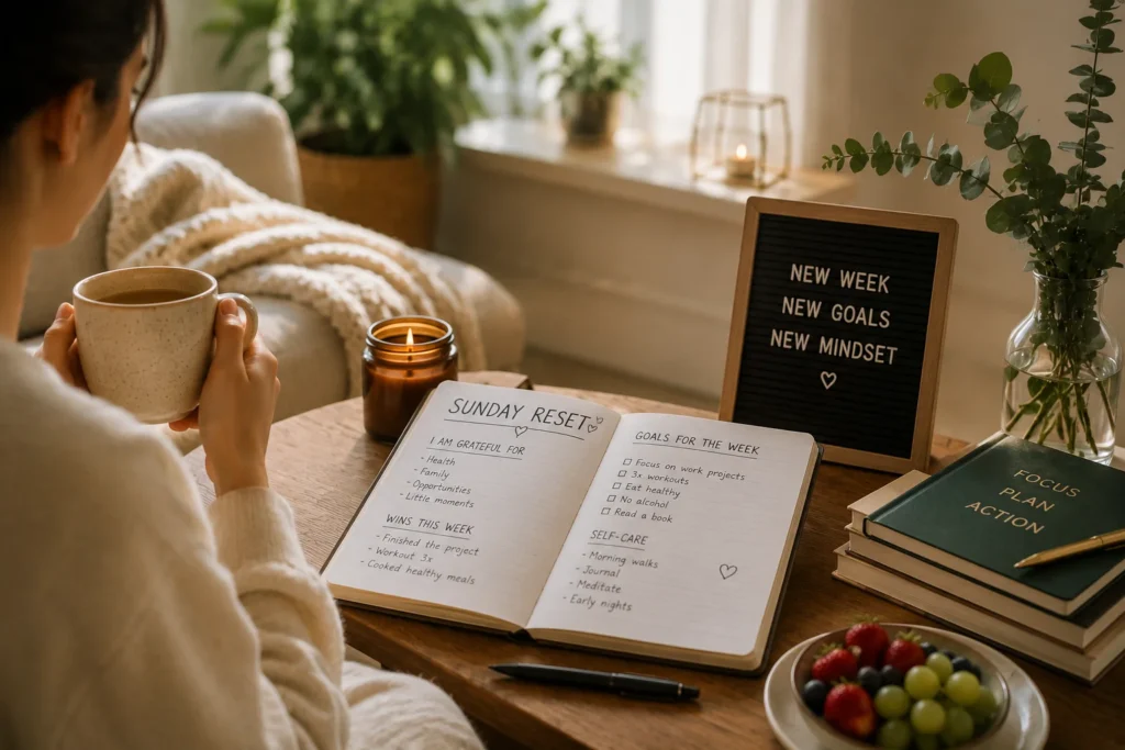 Sunday reset self-care routine with tea, journal and weekly goal planning
