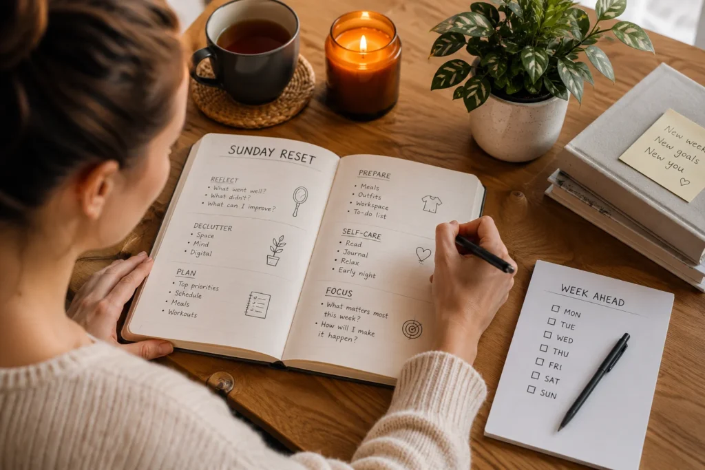 Person creating a Sunday reset checklist and planning the upcoming week