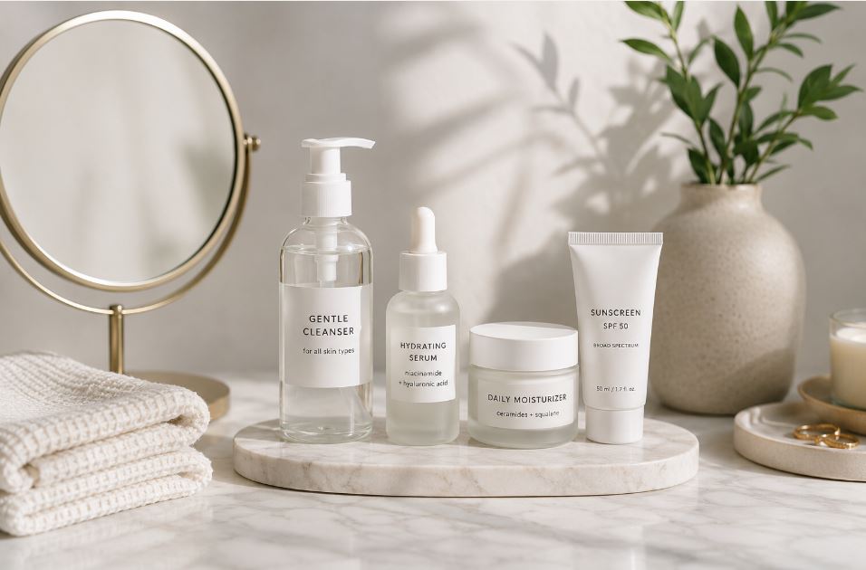 Minimal skincare essentials with cleanser, serum, moisturizer and sunscreen on a bright bathroom vanity
