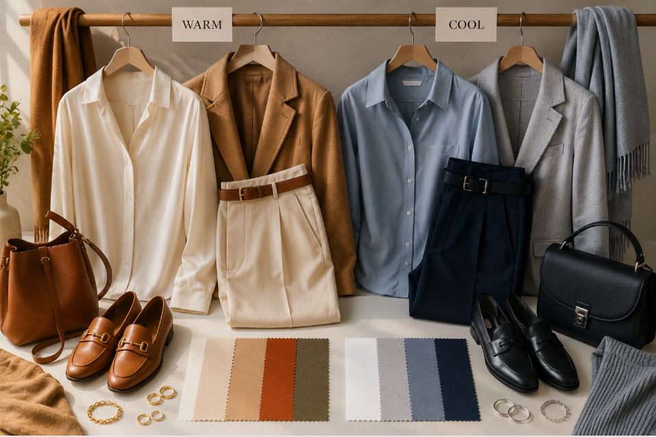 Warm and cool wardrobe color palettes with coordinated clothing and accessories