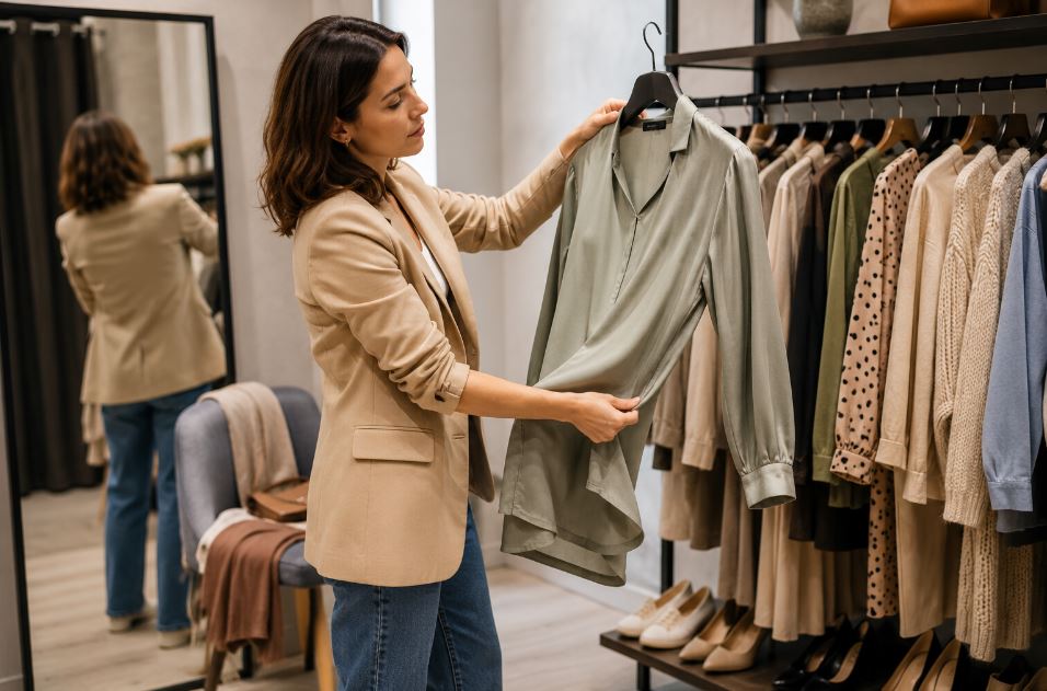 Woman examining the fabric and drape of a blouse before trying it on