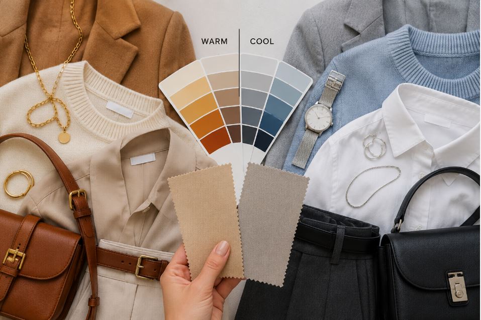 Warm and cool clothing colors compared with fabrics, accessories and jewelry
