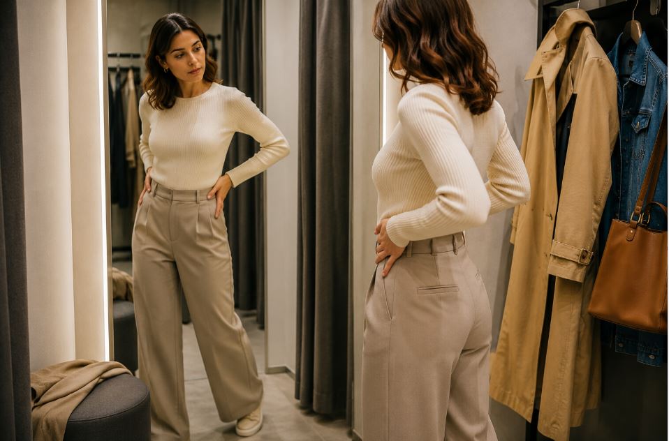 Woman checking how trousers and a sweater fit from the back in a fitting room mirror