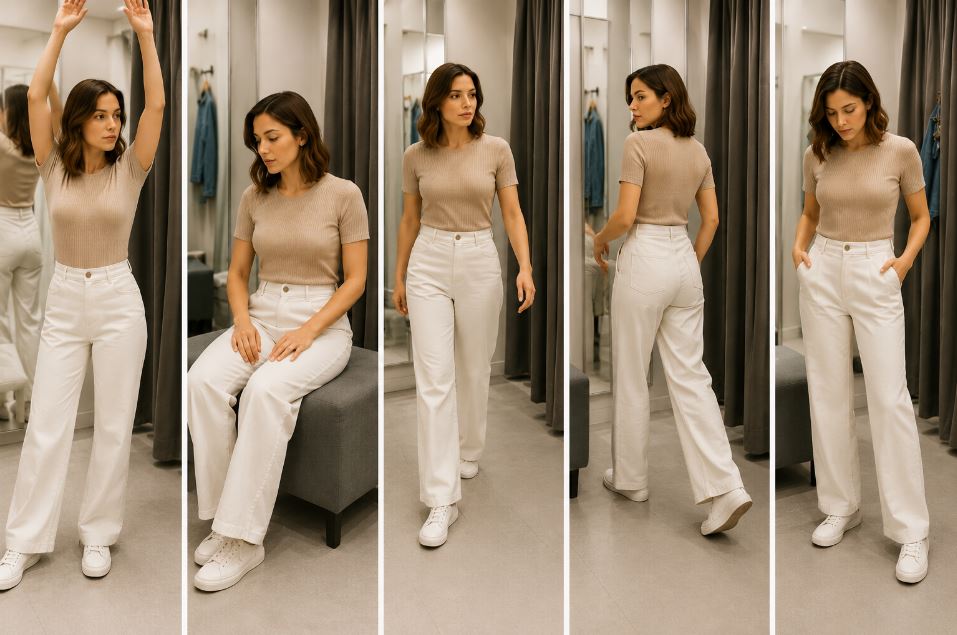 Woman testing how clothes fit while raising her arms, sitting, walking, turning and using pockets