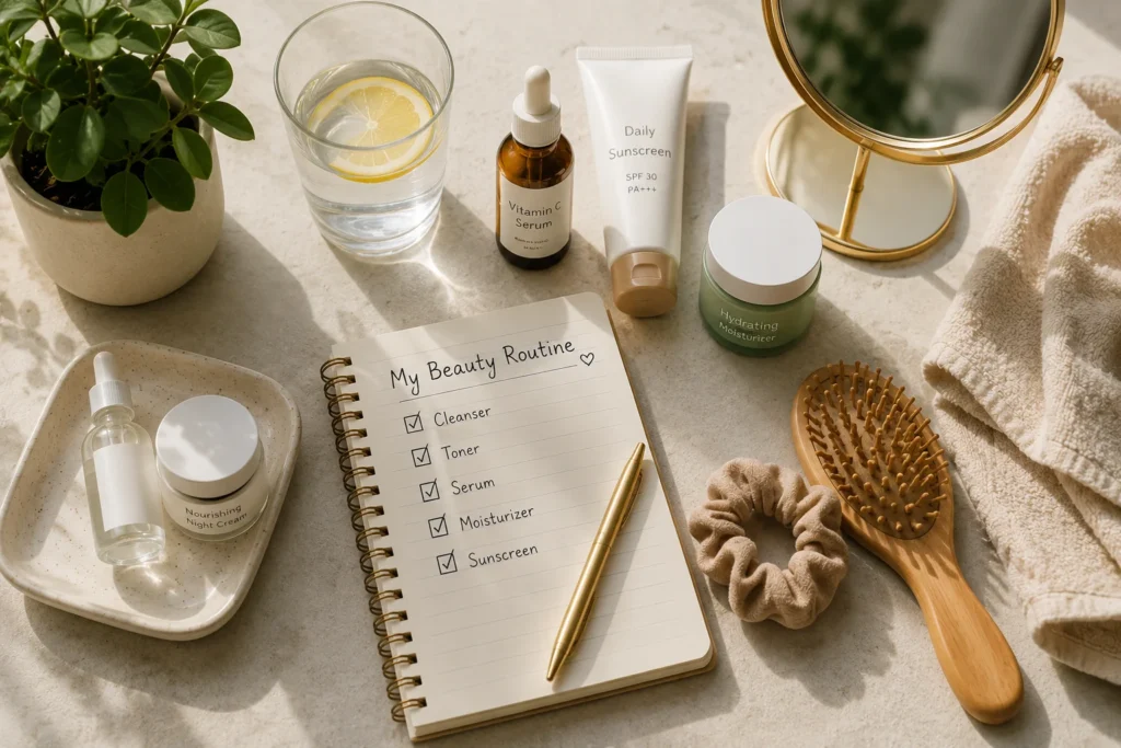Simple beauty routine with cleanser, serum, moisturizer and sunscreen