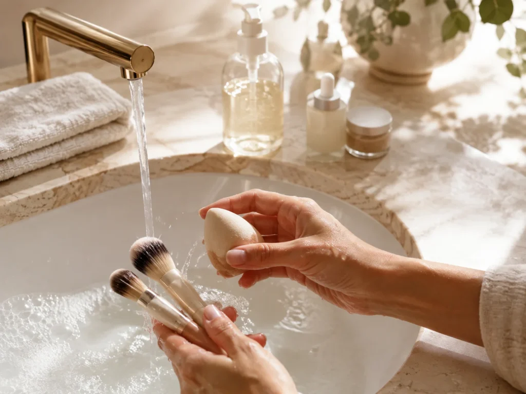 Cleaning makeup brushes and beauty sponge under running waterTitle: How to Clean Makeup Brushes and Beauty Tools